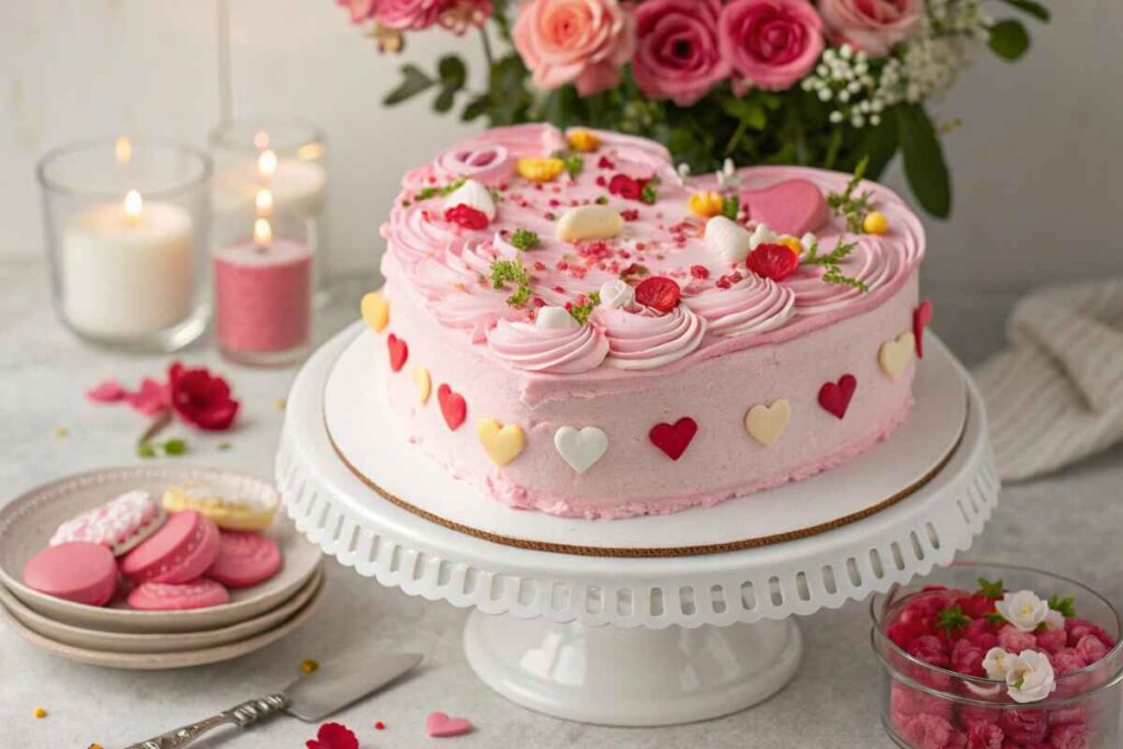 Decorated heart-shaped cake with pink frosting and candy hearts