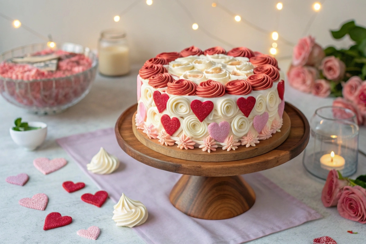 A cake decorated with piped buttercream hearts in red, pink, and white on a wooden stand