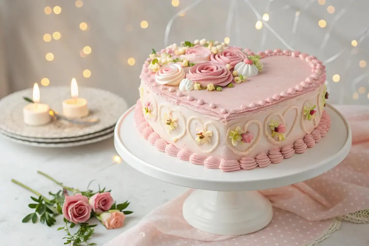 Three-layer heart-shaped cake with pink frosting and edible flowers