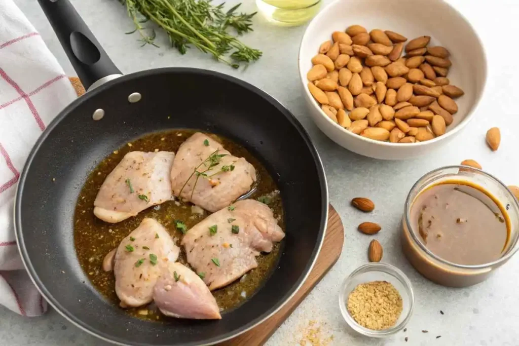 Marinated chicken being cooked in a skillet with toasted almonds and gravy