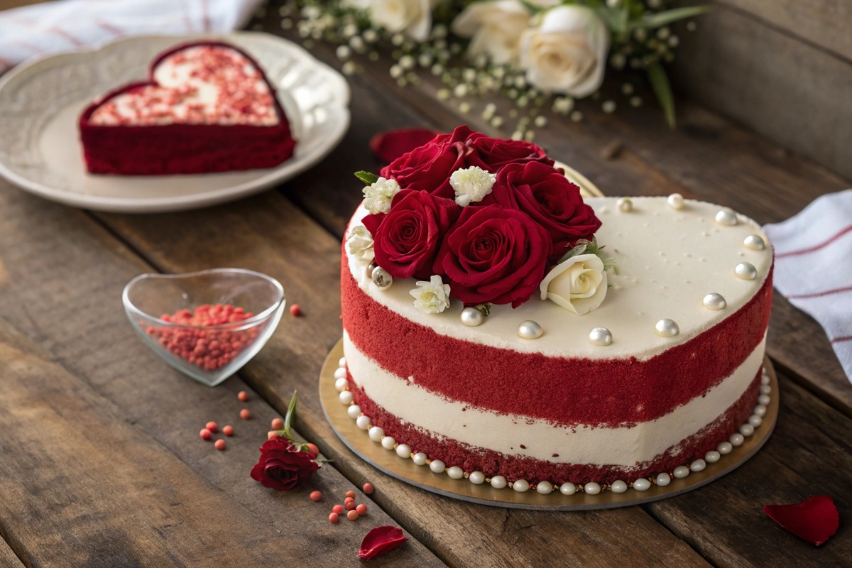 Red Velvet Heart Cake Decorated with Roses