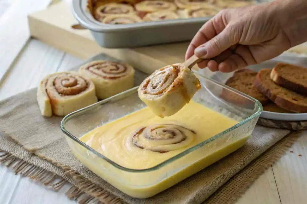 Cinnamon Roll French Toast: Delicious & Easy Recipe 3 A hand dipping a flattened cinnamon roll into the egg custard batter, coating it for cinnamon roll French toast preparation.