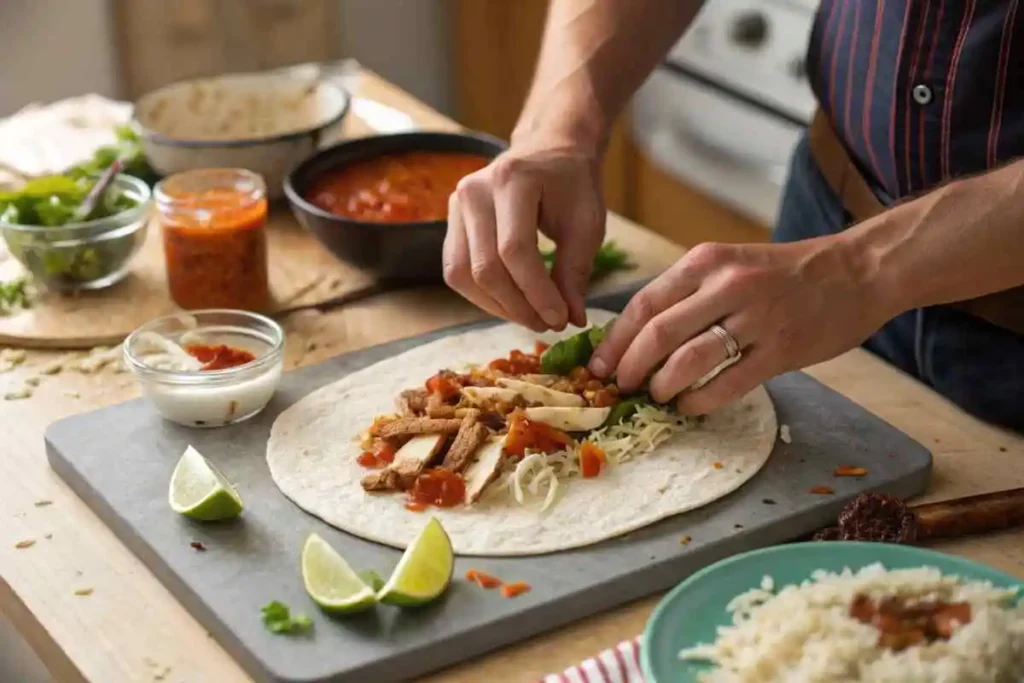 Flavorful Chipotle Ranch Grilled Chicken Burritos in 30 Minutes 2 Assembling chipotle ranch grilled chicken burritos with fresh ingredients