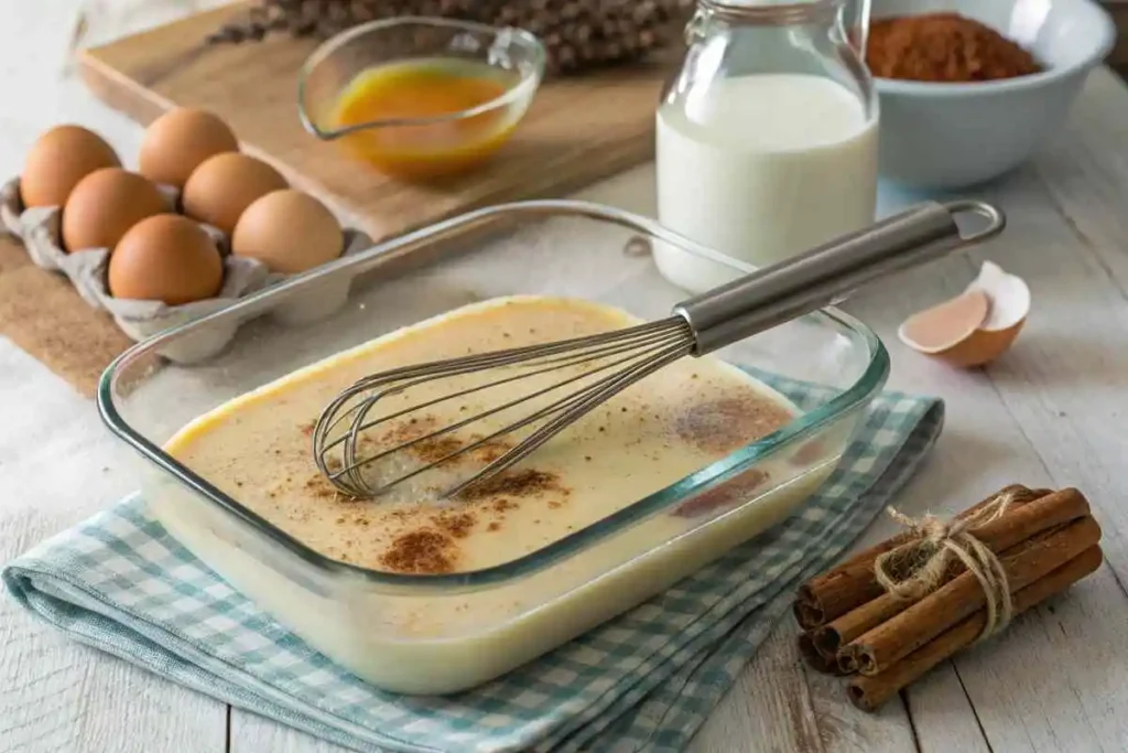 Cinnamon Roll French Toast: Delicious & Easy Recipe 2 Whisking eggs, milk, syrup, vanilla, and cinnamon in a shallow dish to make the custard mixture for cinnamon roll french toast.