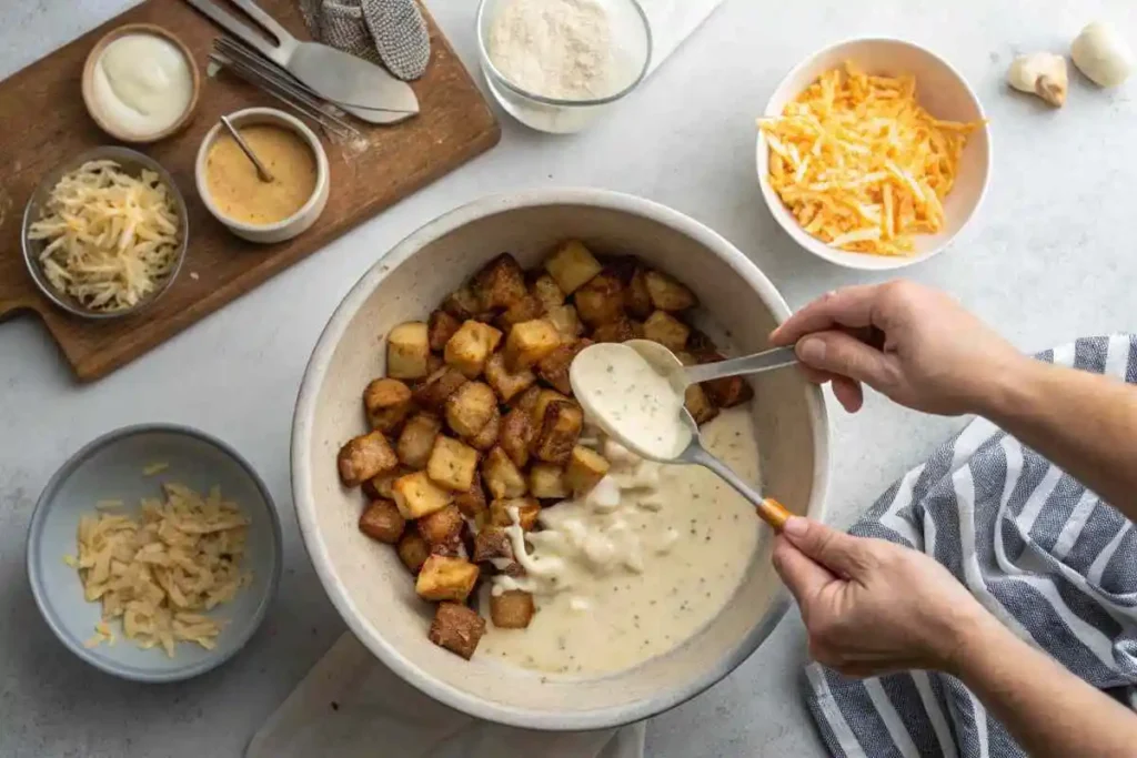 Mississippi Mud Potatoes: Delicious Easy 5-Step Recipe 3 Mixing potatoes with cheese sauce for Mississippi Mud Potatoes casserole