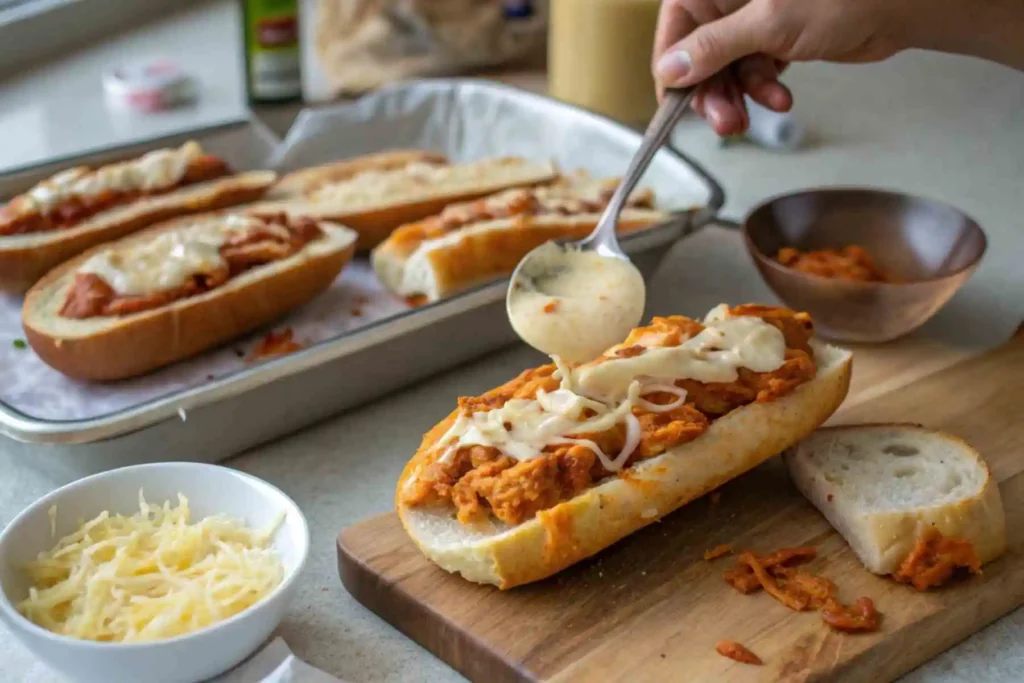 Buffalo Chicken Cheesesteak: Easy, Flavorful & Delicious 30-Minute Recipe 4 Juicy chicken, peppers and onions cooking in a skillet as the first step to a savory Buffalo Chicken Cheesesteak sandwich.