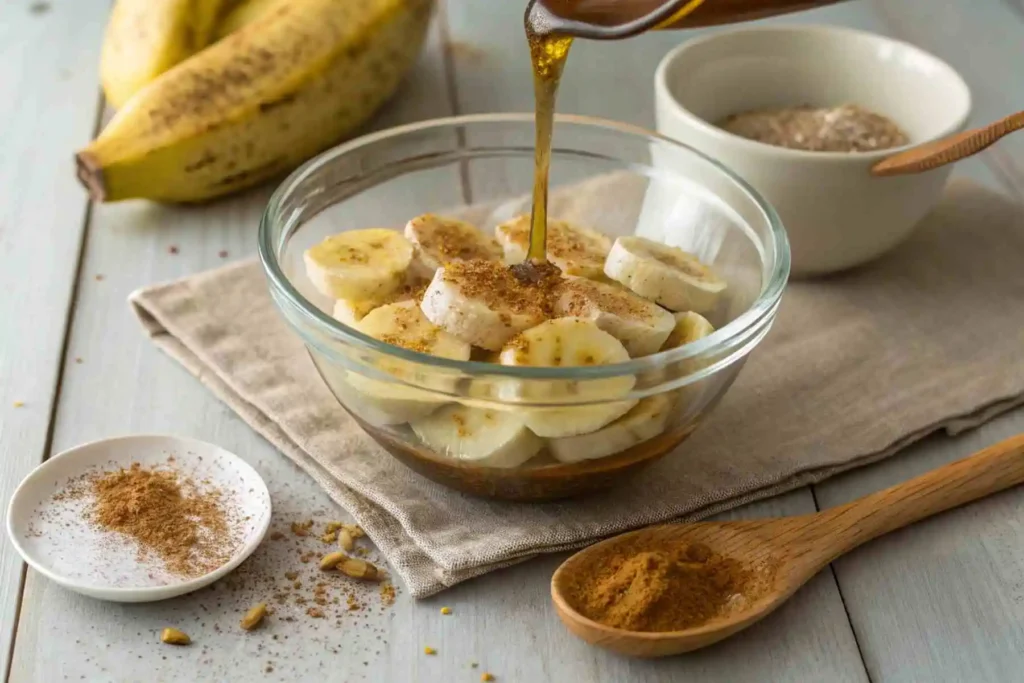 Air Fryer Banana Chips: Healthy & Crispy Snack in 20 Minutes 3 Evenly arranged banana slices in air fryer basket, prepared for crisping into healthy banana chips.