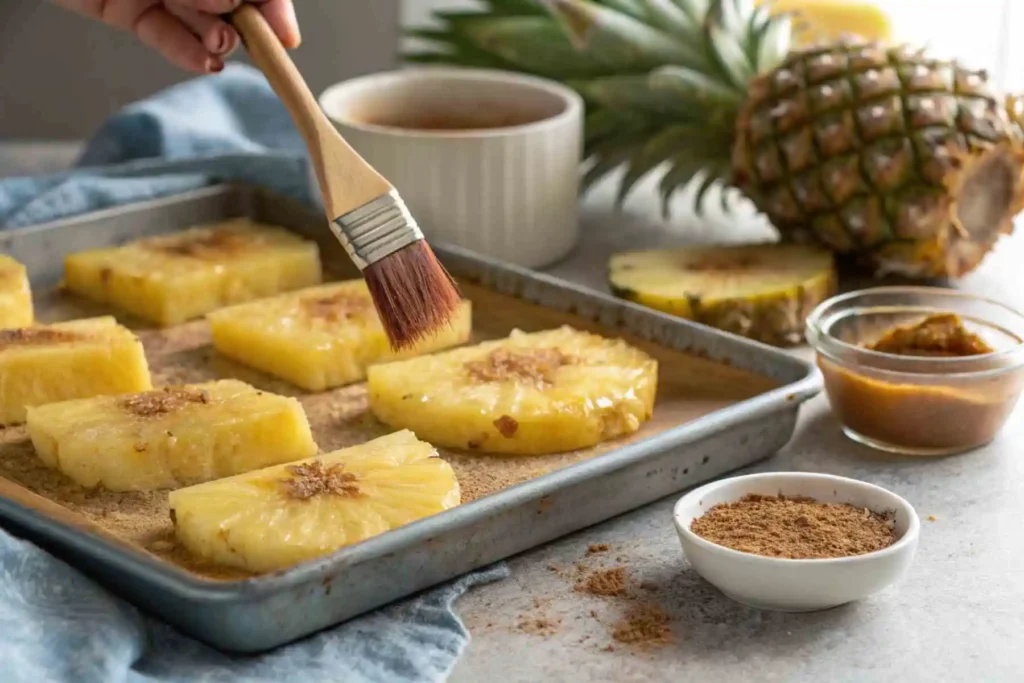 Cinnamon Pineapple – Delicious & Easy 5-Ingredient Juicy Dessert 4 Pineapple rings on a tray being brushed with a cinnamon and brown sugar mixture for a tasty cinnamon pineapple dessert.