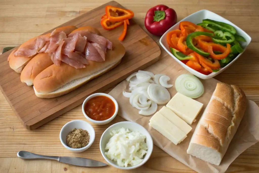 Buffalo Chicken Cheesesteak: Easy, Flavorful & Delicious 30-Minute Recipe 2 All Buffalo Chicken Cheesesteak ingredients neatly displayed on a kitchen counter before cooking, highlighting chicken, cheese, and rolls.