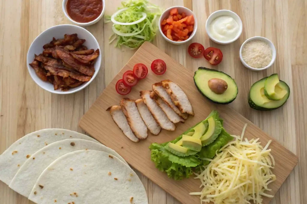 Chicken Bacon Avocado Wrap: Delicious & Easy 20-Minute Meal 2 Chicken bacon avocado wrap ingredients—tortillas, chicken, bacon, avocados, lettuce, tomatoes, cheese, and sauces—arranged on a wooden kitchen table.