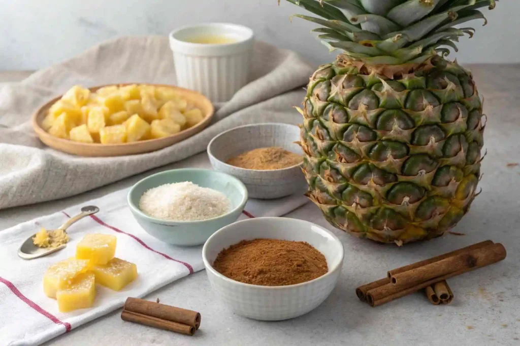 Cinnamon Pineapple – Delicious & Easy 5-Ingredient Juicy Dessert 2 Cinnamon pineapple recipe ingredients, including pineapple, brown sugar, cinnamon, butter, and salt, arranged on a kitchen counter.