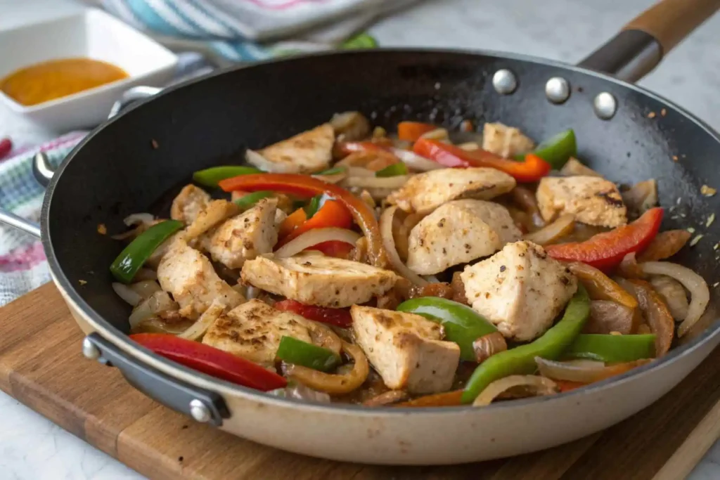Buffalo Chicken Cheesesteak: Easy, Flavorful & Delicious 30-Minute Recipe 3 Buffalo Chicken Cheesesteak filling cooking in a pan with chicken, onions, and peppers sizzling for a delicious homemade result.