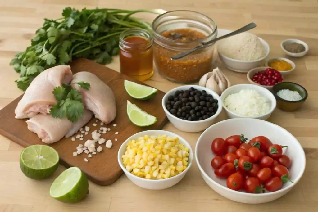 Honey Chipotle Chicken Bowl: Easy 30-Min Delicious Dinner 2 An assortment of fresh ingredients for honey chipotle chicken bowls displayed on a kitchen countertop.