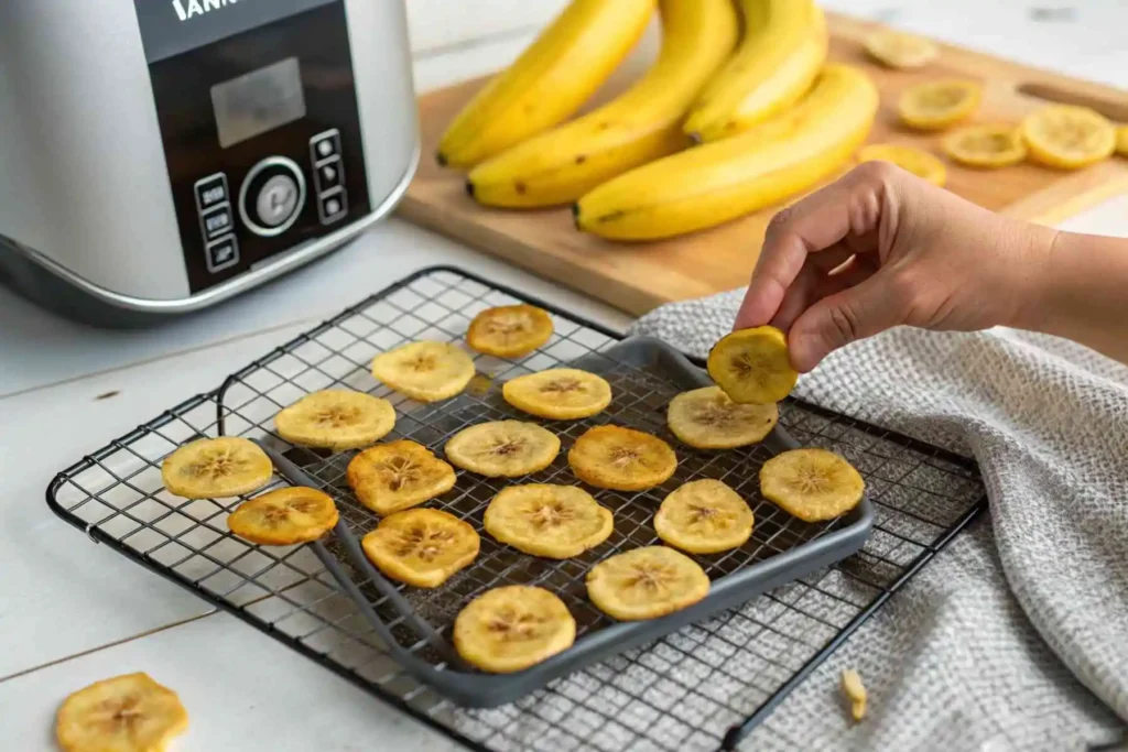 Air Fryer Banana Chips: Healthy & Crispy Snack in 20 Minutes 4 Hot, crispy air fryer banana chips cooling on rack for perfect crunch, ready to eat or store.