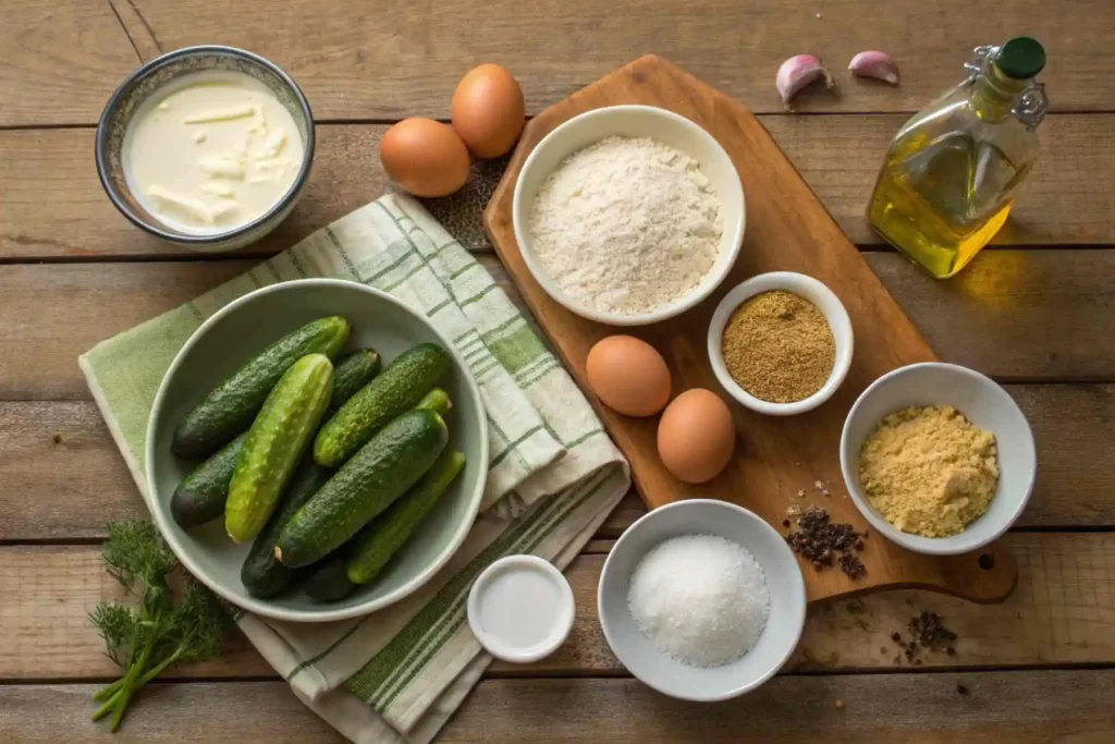 Fried Pickle Spears: Delicious & Crispy Homemade Snack in 30 Minutes 2 Overhead view of fried pickle spears ingredients on wooden table, including pickles, flour, eggs, buttermilk, and seasonings.