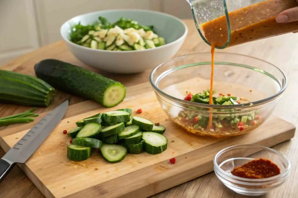 Spicy Cucumber Salad: Fresh & Flavorful Side in 15 Minutes 3 Step-by-step making spicy cucumber salad: slicing cucumbers, mixing dressing, and tossing ingredients in a bowl.