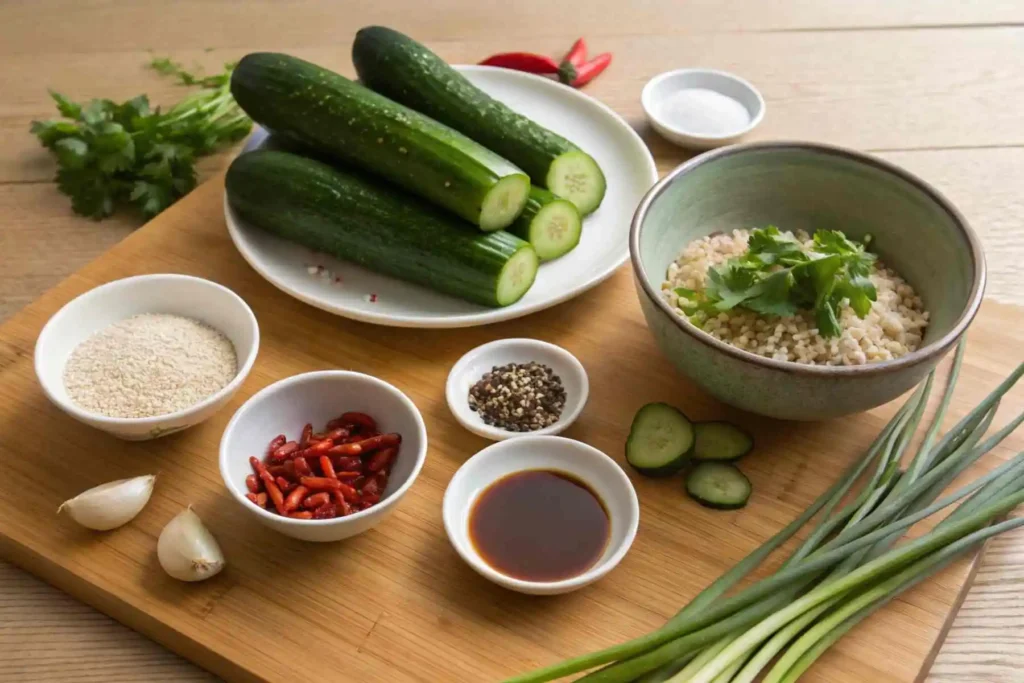 Spicy Cucumber Salad: Fresh & Flavorful Side in 15 Minutes 2 Fresh ingredients for spicy cucumber salad including cucumbers, garlic, chili flakes, and herbs displayed on a kitchen counter.