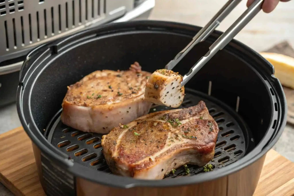 Air Fryer Pork Chops Bone In: Juicy & Easy 3 Placing seasoned raw air fryer pork chops bone in into the air fryer basket with tongs, ensuring proper spacing for air circulation.