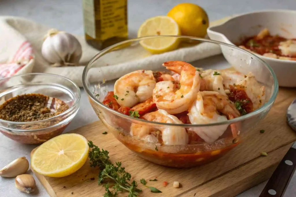 Grilled Shrimp Red Lobster tasty Quick 6-Step Recipe 3 Raw shrimp marinating in a flavorful red-orange sauce in a glass bowl for a grilled shrimp red lobster style dish.