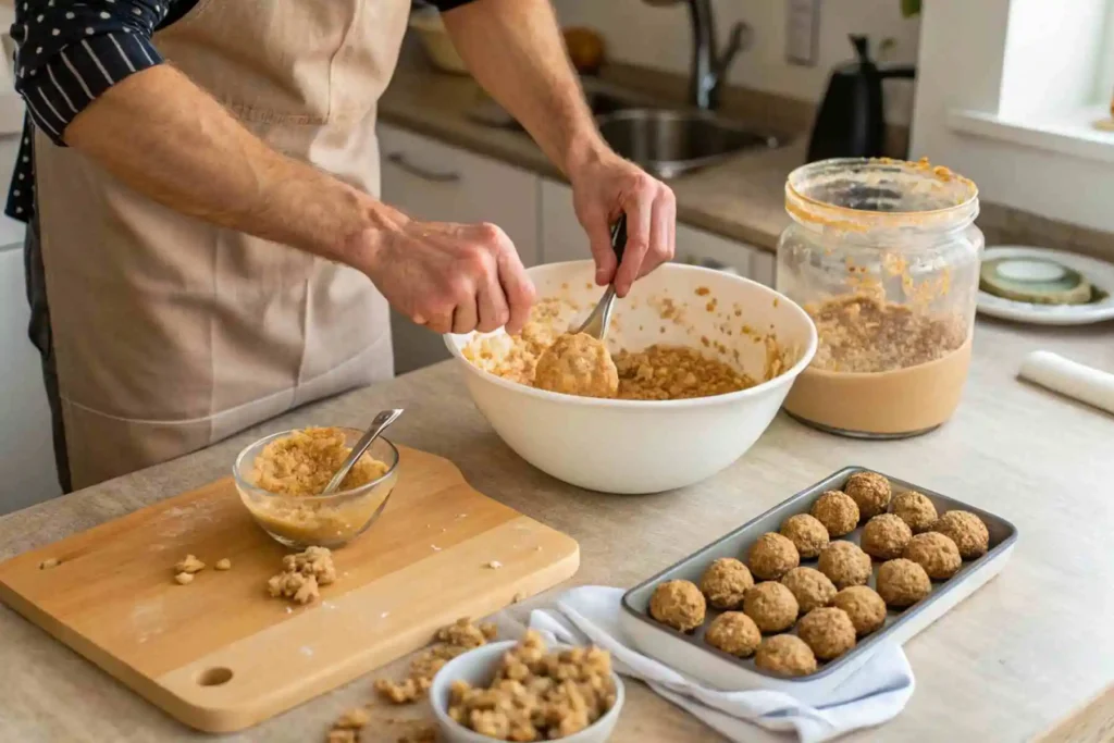 Oatmeal Peanut Butter Balls: Easy, Delicious & Healthy Recipe 3 Hands mixing oats, peanut butter, and syrup in a bowl to make homemade oatmeal peanut butter balls.