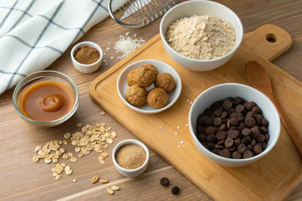 Oatmeal Peanut Butter Balls: Easy, Delicious & Healthy Recipe 2 Measured oatmeal peanut butter balls ingredients in bowls, featuring oats, peanut butter, syrup, chocolate chips, and flaxseed.