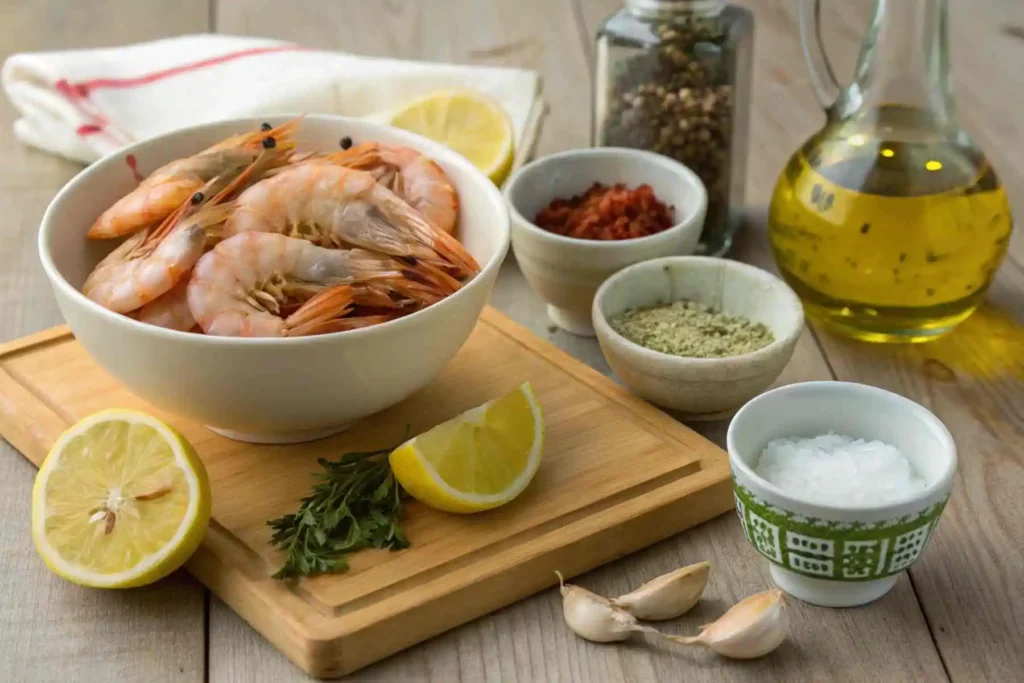 Grilled Shrimp Red Lobster tasty Quick 6-Step Recipe 2 Ingredients for grilled shrimp red lobster style, including raw shrimp, lemon, garlic, and spices, displayed on a wooden board.