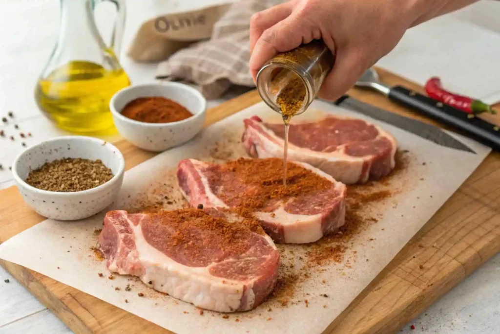 Air Fryer Pork Chops Bone In: Juicy & Easy 2 Close-up of hands seasoning thick raw bone-in pork chops generously with a spice rub before placing them in the air fryer.