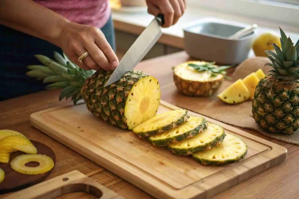 Cinnamon Pineapple – Delicious & Easy 5-Ingredient Juicy Dessert 3 Hands slicing a fresh pineapple into rings on a cutting board for the cinnamon pineapple recipe.
