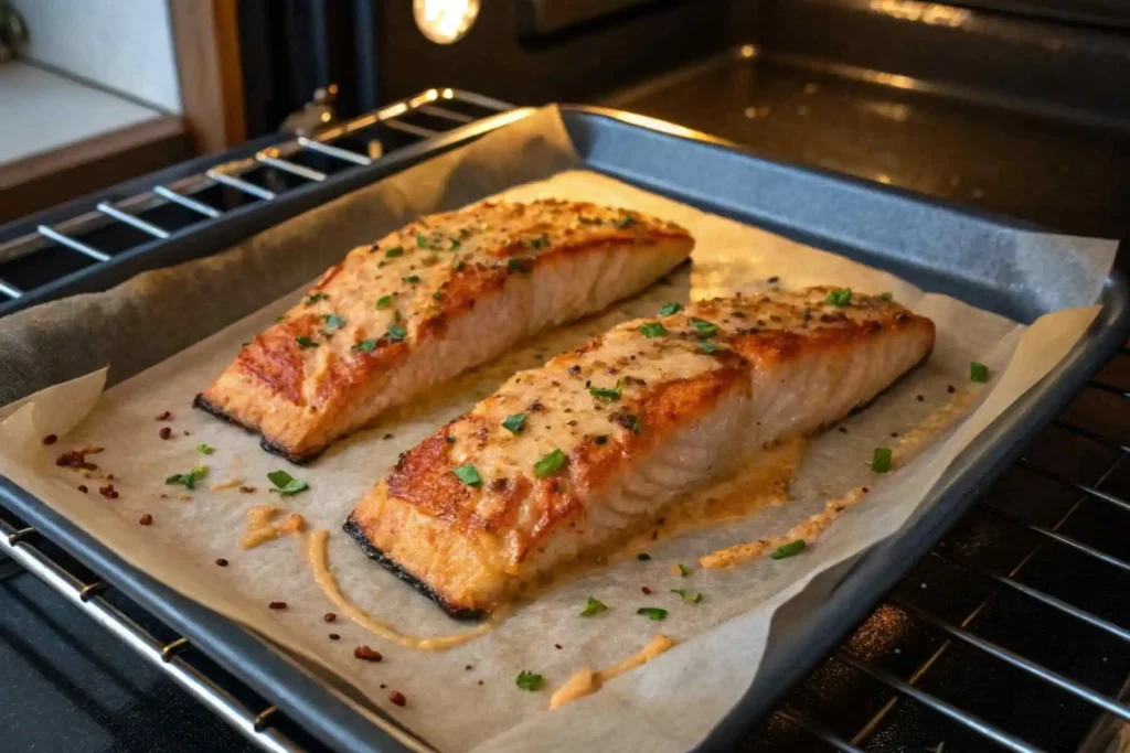 Sriracha Mayo Salmon: Flavorful 5-Ingredient Dish 3 Two sriracha mayo salmon fillets baking to perfection on a parchment-lined sheet in the oven, with a golden mayo topping.
