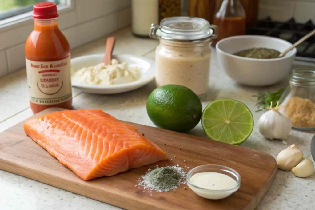 Sriracha Mayo Salmon: Flavorful 5-Ingredient Dish 2 : Ingredients for flavorful sriracha mayo salmon: sriracha, mayonnaise, lime, honey, and garlic powder displayed on a counter.