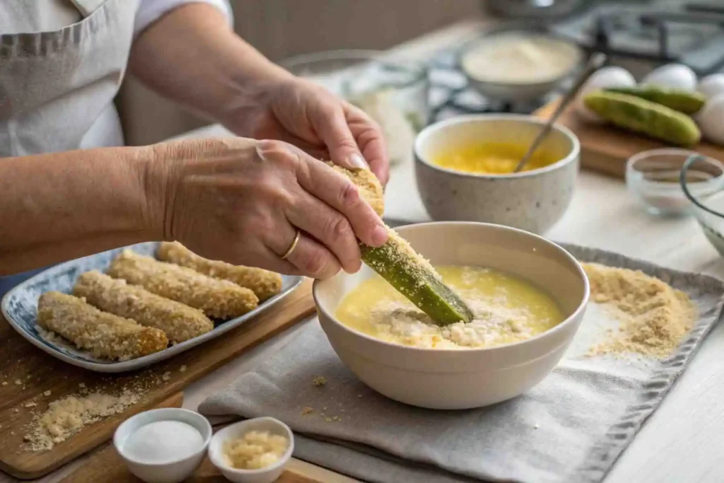 Fried Pickle Spears: Delicious & Crispy Homemade Snack in 30 Minutes 3 Hands breading a pickle spear for fried pickle spears step-by-step, using flour, egg mixture, and breadcrumbs on kitchen counter.